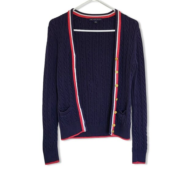 BROOKS BROTHERS Cotton Cable Knit Navy Cardigan with Red and White Trim - Picture 1 of 10